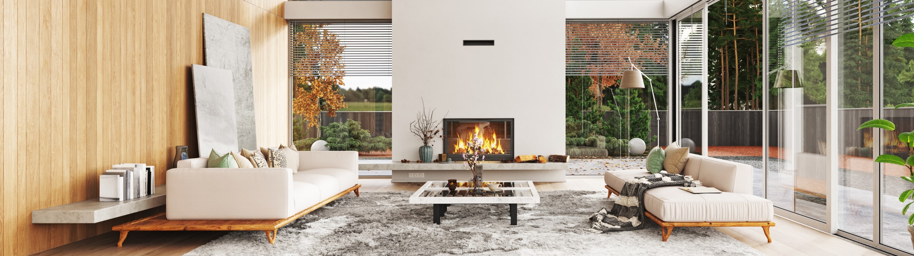 Intérieur d'une maison en bois avec vernis intumescent